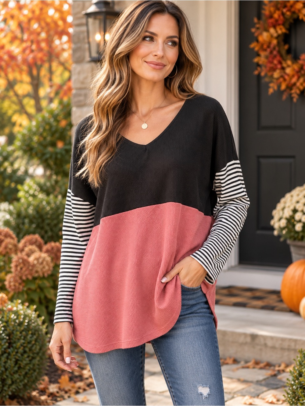 BiBi Waffle Knit Color Block Top Small NWOT